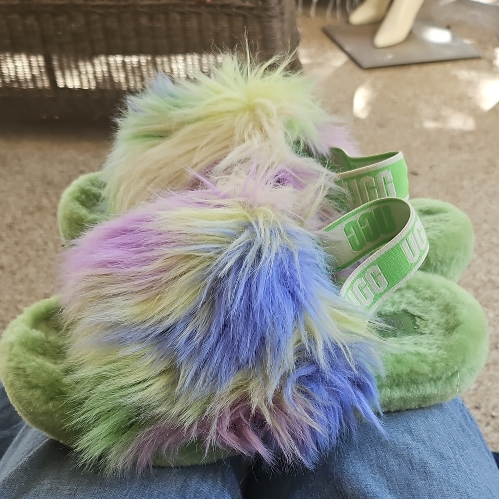 Fluff Yeah Slide Tie Dye Fluffy Green and Multicolor Slippers Size 4 US